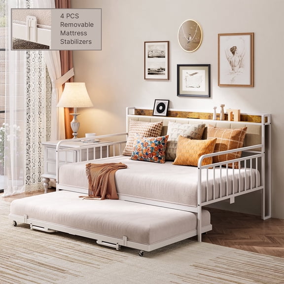 Asofer Full Upholstered Daybed with Trundle, Convertible Sofa Bed, Charging Station, Lockable Wheels & Storage Headboard, White
