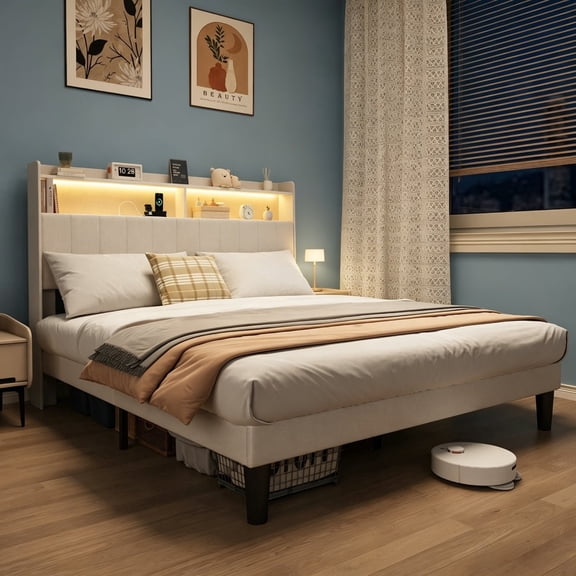Asofer Full Upholstered Platform Bed, RGB LED Light & Multi Charging Ports, 2-Tier Storage Headboard, Heavy Duty Bed Base No Box Spring Required, Beige