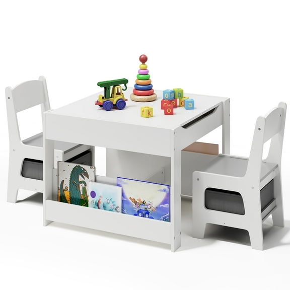 Asofer 4-in-1 Kids Table and Chair Set, Bookshelves and Storage Drawer for Drawing Playing Studying Eating, White & Gray