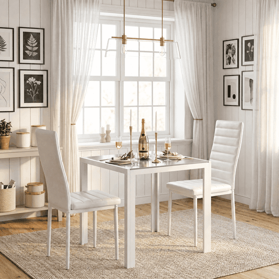 Small Dining Table Set for 2,Asofer 3 Piece Kitchen Table with PU Upholstered Chairs for Saving Spaces,Apartments,White