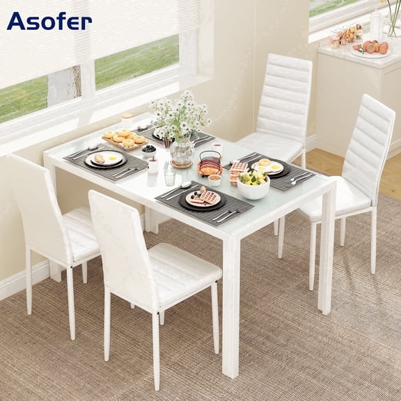 Asofer 5 Piece Dining Table Set For 4, Modern Glass Tabletop and 4 PU Leather Upholstered Chairs, Kitchen Dinette Set, White