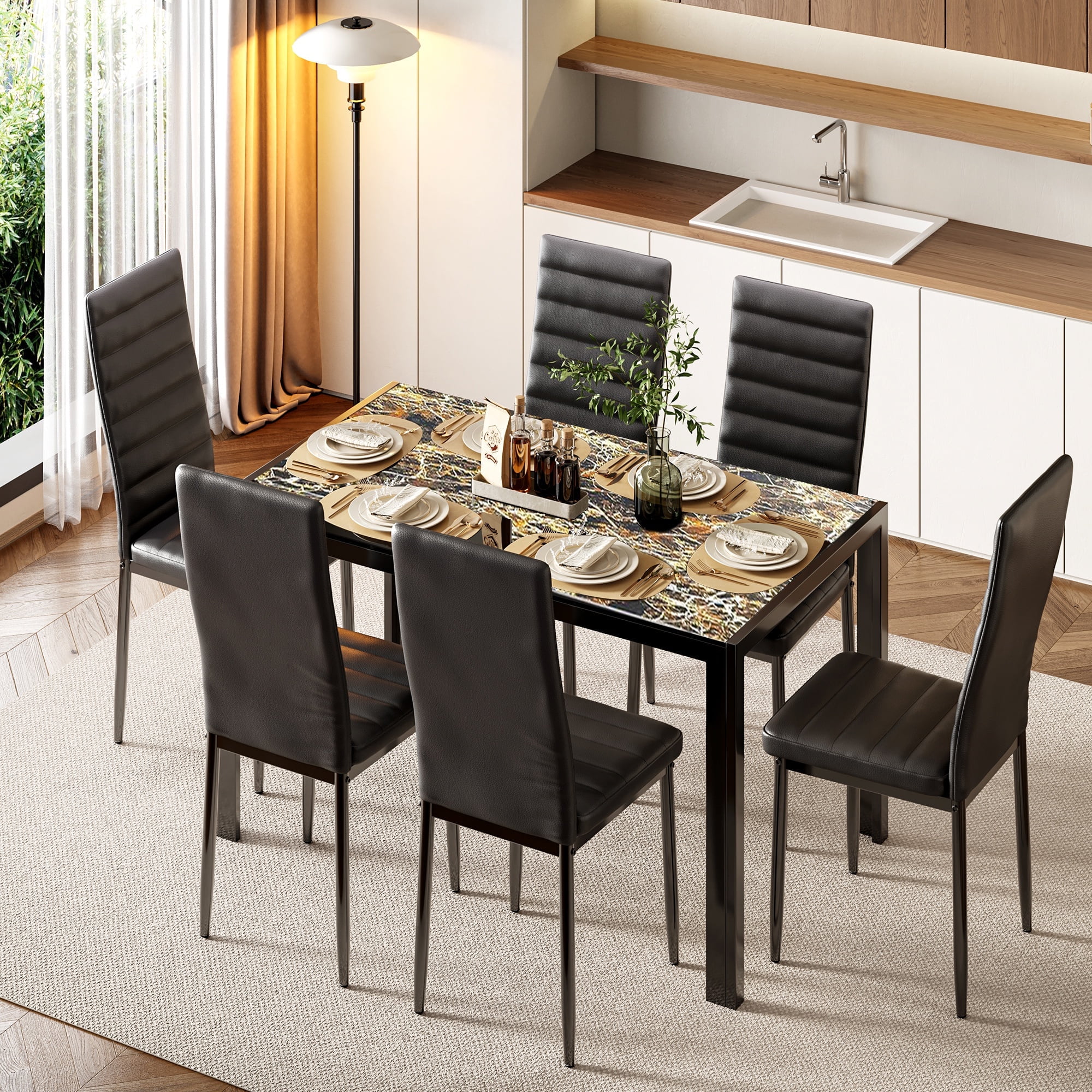 Asofer Glass Kitchen Table and Chairs Set with 6, 7 Piece Dining Table ...