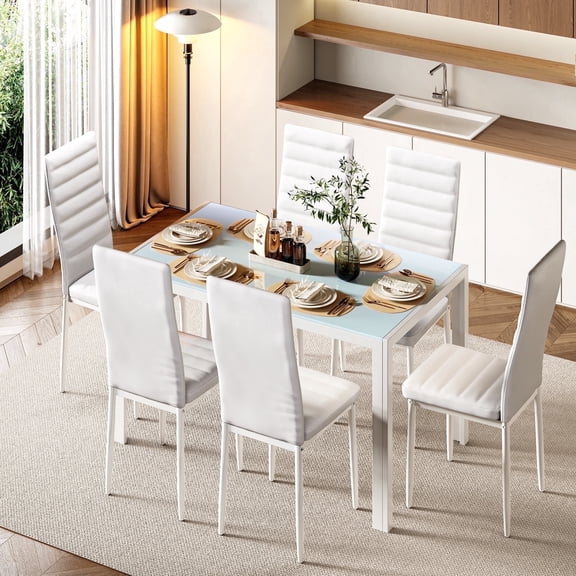 Asofer Modern 7-Piece Dining Set for 6, Tempered Glass Table & PU Leather Chairs, Space Saving Black Dinette for Kitchen & Apartment,White
