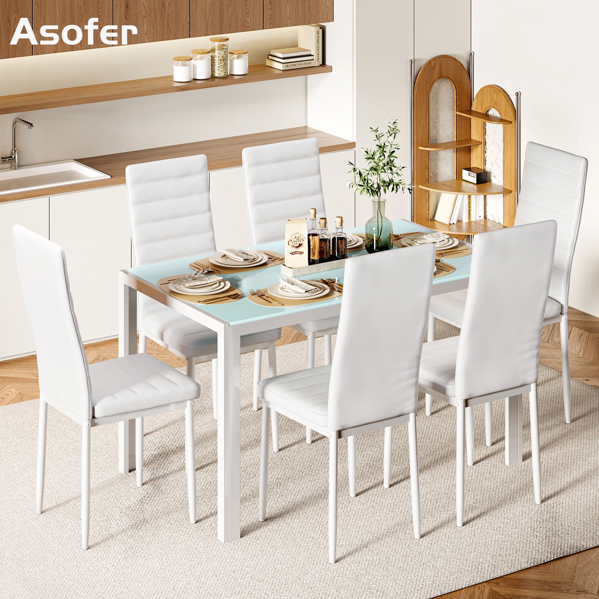 Asofer 7-Piece Ergonomic Dining Table Set, Glass Kitchen Table with PU ...