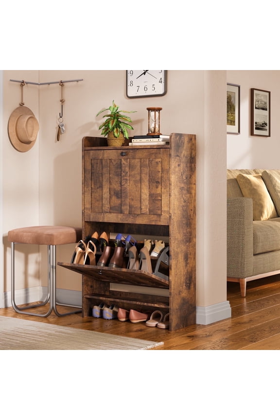 Shoe Cabinet with 2 Flip-Down Drawers & Open Storage – Freestanding Narrow Entryway for Hallway, Closet, Dorm, Retro