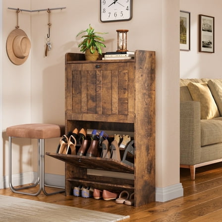 Asofer Shoe Cabinet with 2 Flip-Down Drawers & Open Storage – Freestanding Narrow Entryway for Hallway, Closet, Dorm, Retro