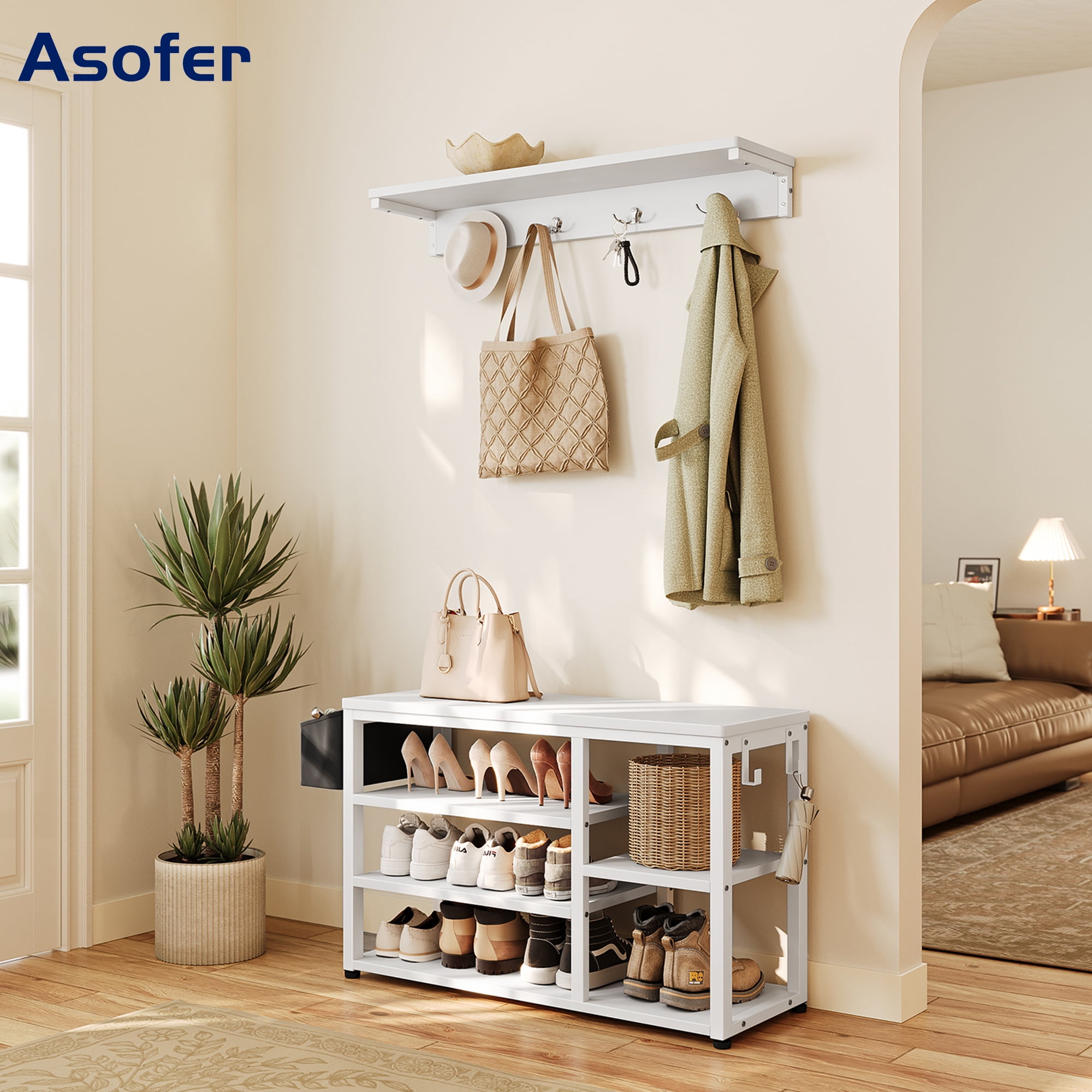 Ameriwood Home Sierra Vista Entryway Bench Hall Tree with Coat Hooks and Shoe Storage Black Oak Walmart