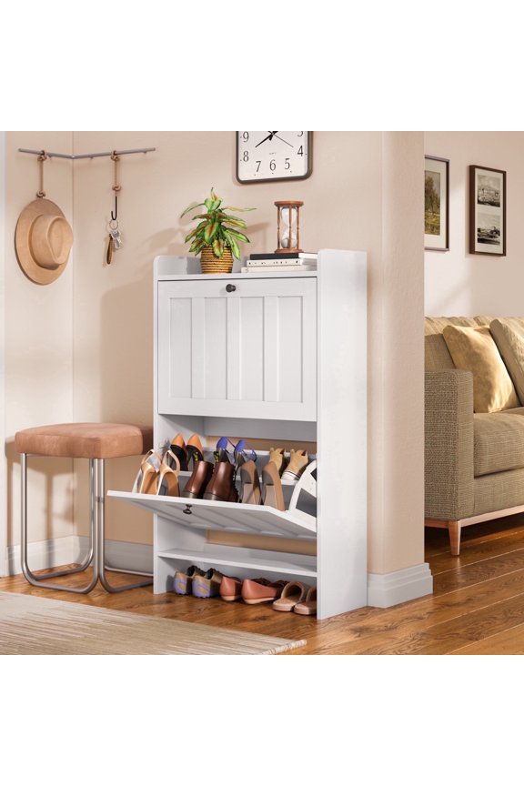 Shoe Cabinet with 2 Flip-Down Drawers & Open Storage – Freestanding Narrow Entryway for Hallway, Closet, Dorm, White