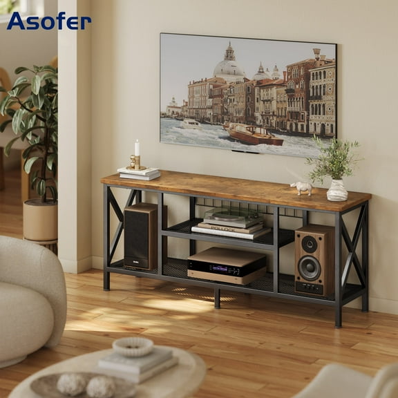Asofer Industrial TV Stand for TVs up to 65" with 2 Open Storage Shelves and Metal Frame, Retro