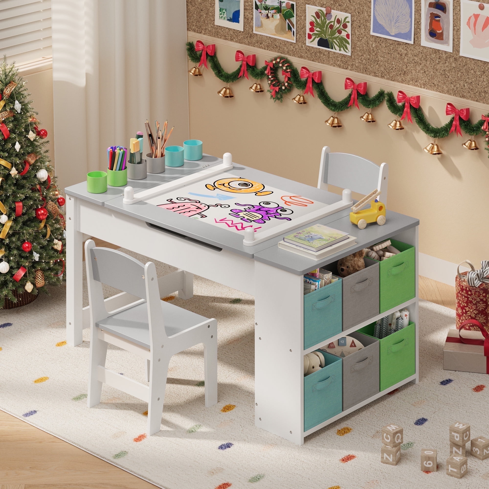 Kids Art Table and Chair Set, Asofer Kids Activity Table with Storage Adjustable Easel, for Playing Painting Studying Crafting, White/Gray