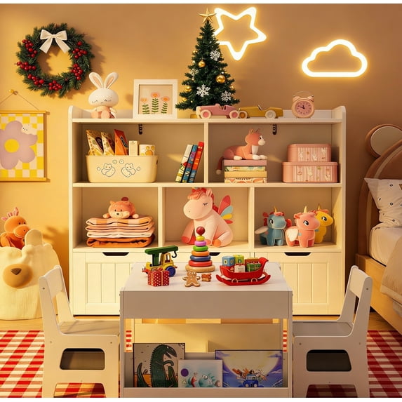 Asofer Kids 4-in-1 Play Furniture Sets, Christmas Gift Toddler Chairs & Multi-Storage Bookshelf, Reversible Whiteboard/Blackboard 3 Movable Drawers, Eco-Friendly Wood for Play Study, White & Gray
