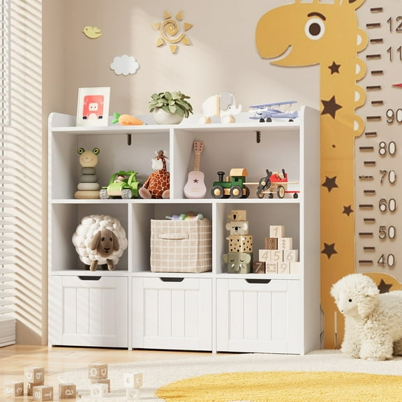 Asofer Kids Bookshelf with 3 Movable Drawers and 6 Open Shelves, Toy Chest Storage Bookcase for Playroom Kids Room, White