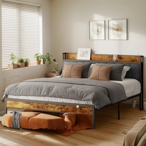 Asofer King Bed Frame with Storage Headboard, Metal Platform, Dark Gray