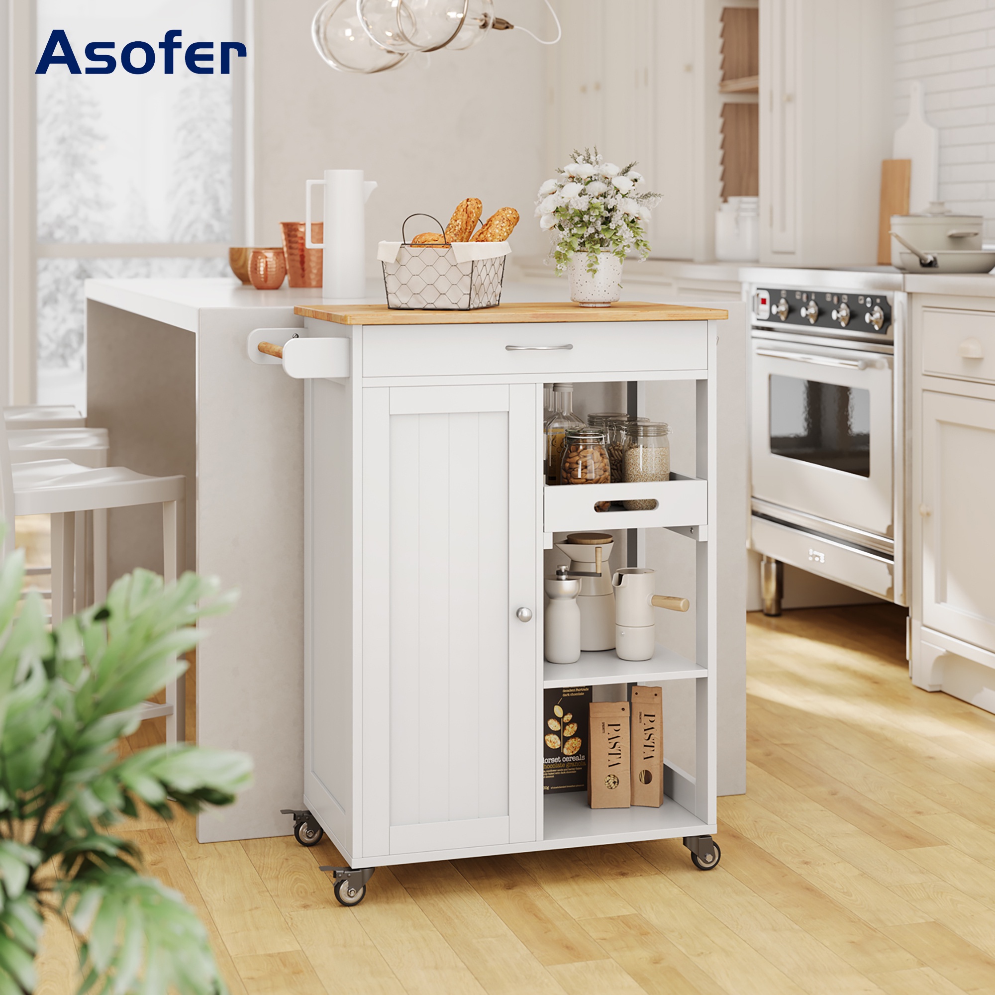 Asofer Kitchen Island Cart with 2-Level Open Storage Shelves, 2 Drawer, for Dining Room, bar, White