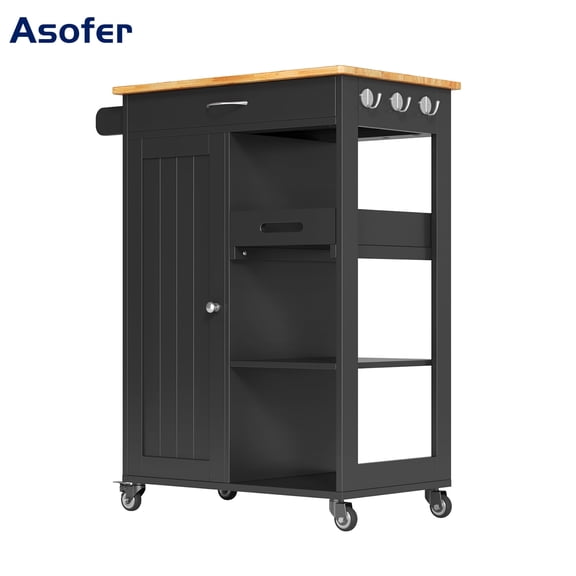 Asofer Kitchen Island Cart with 3-Tier Storage Shelves, Microwave Cart with Removable Tray, for Dining Room,Black