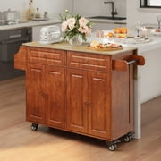 Asofer Kitchen Island with Storage, Rolling Mobile Kitchen Cart with Drop Leaf, 45.5 " Solid Wood Top
