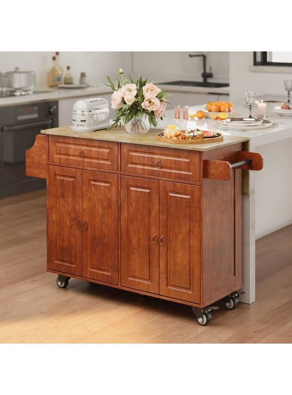 Asofer Kitchen Island with Storage, Rolling Mobile Kitchen Cart with Drop Leaf, 45.5 " Solid Wood Top