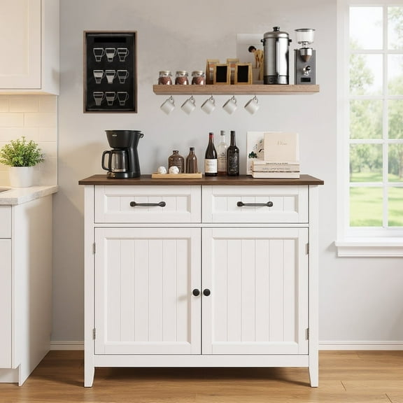 Wooden Coffee Bar，Asofer Kitchen Pantry Storage Cabinet, Sideboard Buffet with Adjustable Shelf and 2 Drawers for Kitchen,Living Room,hallways,Retro/Gray