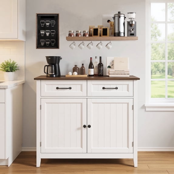 Wooden Coffee Bar,Asofer Kitchen Pantry Storage Cabinet, Sideboard Buffet with Adjustable Shelf and 2 Drawers for Kitchen,Living Room,hallways,Retro/Gray