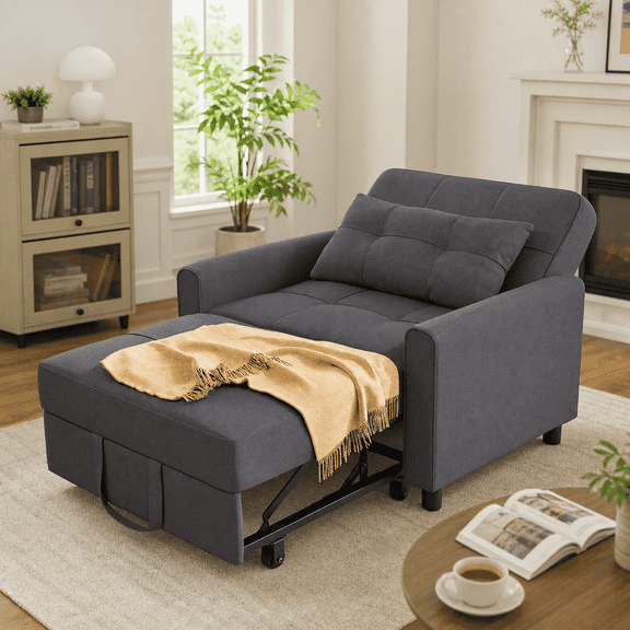 Futon Sofa Bed, 3-in-1 Convertible chair Couch Bed with Adjustable Backrest & Side pocket, Sleeper Sofa for Small Spaces, Dorm, Dark gay
