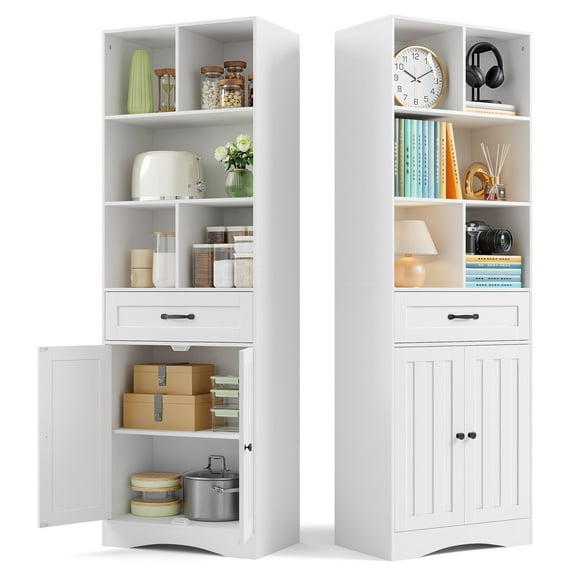 Asofer Pantry Storage Cabinet with Doors & Drawer & Adjustable Shelves for Kitchen, Living Room, White