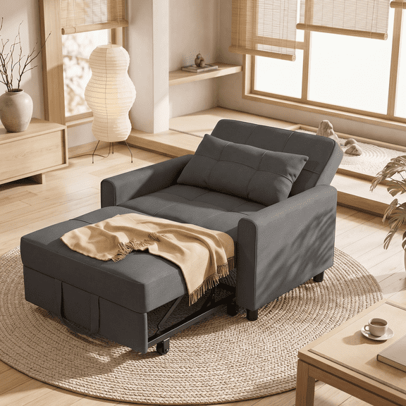Asofer 3-in-1 Convertible Futon Sofa Bed Chair, Adjustable Backrest Linen Futon Couch Bed, Multi-Functional Space Saving Chair Bed Sleeper Sofa for Apartment Living Room Office, Dark Gray