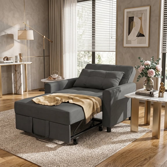 Asofer 3-in-1 Convertible Sofa Chair, Adjustable Backrest Linen Recliner Bed, Space-Saving Multi-Functional Furniture for Living Room Apartment Dorm Office, Gray