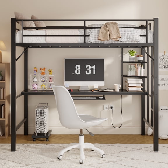 Asofer Twin Metal Loft Bed Frame w/Desk & CPU Station, Charging & RGB Lights, Safety Rails - Black