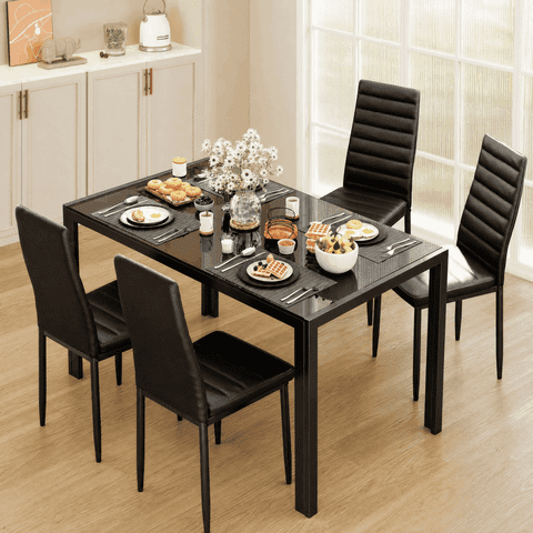Asofer Modern Dining Table Set for 4, Glass Kitchen Table with PU Leather Upholstered Chairs, Heavy Duty Dinette Set for Dining Room, Black