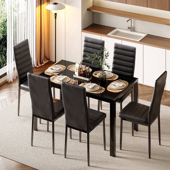 Asofer 7-Piece Modern Dining Table Set for 6, Tempered Glass Kitchen Table with 6 PU Leather Upholstered Chairs, Heavy Duty Metal Frame Dinette Set for Dining Room, Kitchen & Apartment, Black