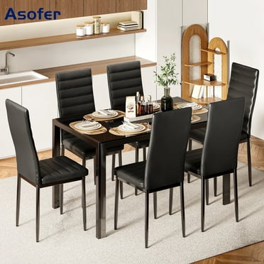 Asofer Modern 7 Piece Dining Table Sets for 6, Glass Kitchen Table, PU Leather Chair, Dining Room, Black