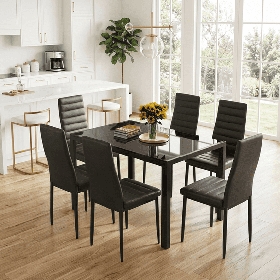 Asofer Modern 7-Piece Dining Set for 6, Tempered Glass Table & PU Leather Chairs, Space Saving Black Dinette for Kitchen & Apartment,Black