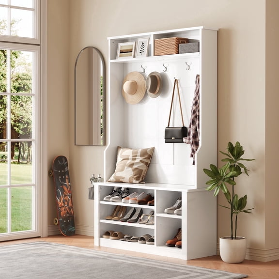 Asofer Modern Hall Tree with Shoe Storage Bench, Coat Rack and Shelves, Entryway Organizer for Mudroom, Foyer & Front Entry, White