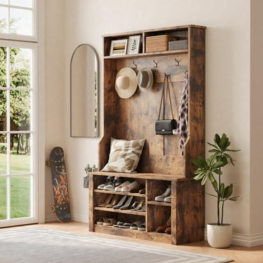 Asofer Modern Hall Tree with Shoe Storage, Front Entryway Furniture, Mudroom Bench with Coat Rack, Retro
