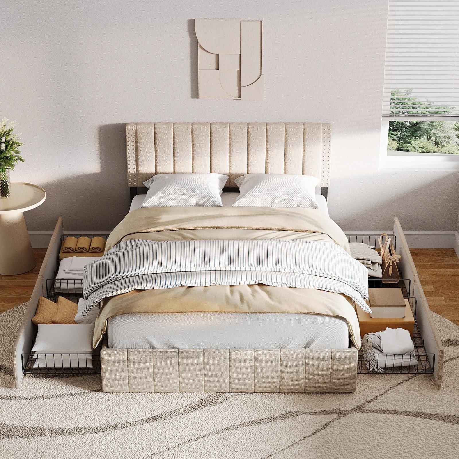 Asofer Modern Queen Bed Frame with Adjustable Headboard and 4 Metal ...