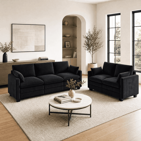 Asofer 2 Pieces Living Room Sofa Set, Corduroy 5-Seater Sectional Sofa Couches, 3 Seater Sofa and 2 Seats Couch with Deep Seats & Washable Cover for Living Room, Apartment, Black