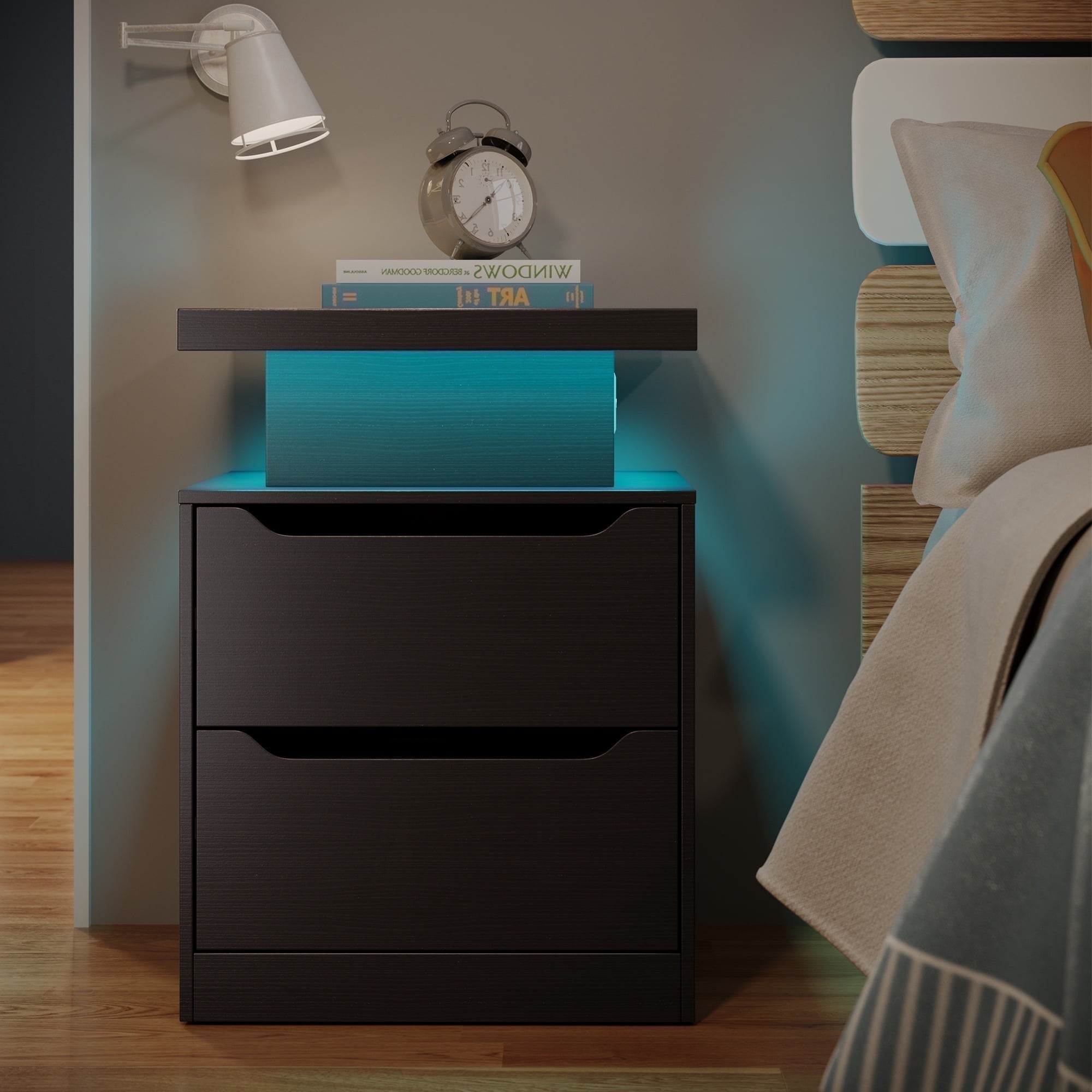 Asofer Nightstand with Charging Station, 2 Drawers, RGB Lights - Modern Wood Bedside Table,Black