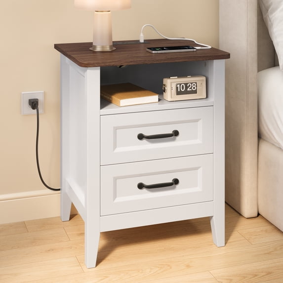 Asofer Nightstand with Charging Station, 2 Drawers - Modern Wood Bedside Table, White