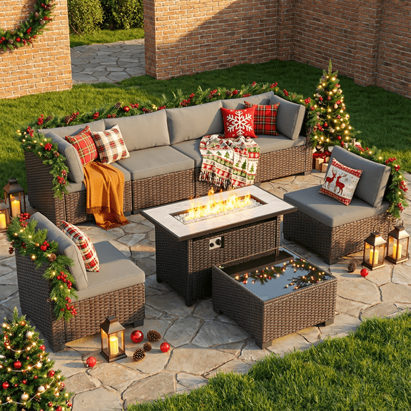 Asofer Outdoor Furniture Set with Fire Pit Table, Modern Patio Conversation Sets for Porch, Backyard, Black