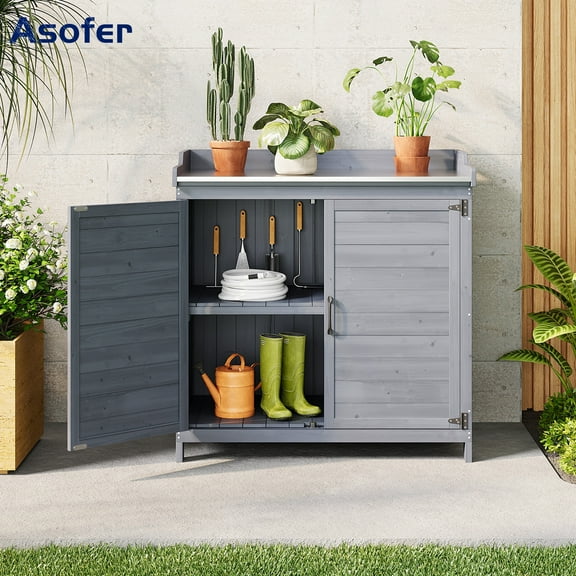 Asofer Potting Bench for Outside, Potting Table with Storage Cabinet & Metal Tabletop for Patio, Grey