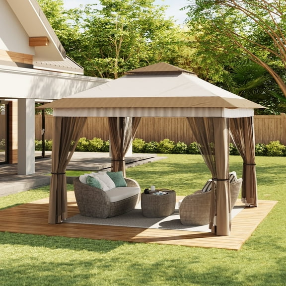 Asofer Outdoor Gazebo with Mosquito Netting for Backyard & Patio Furniture, Beige Pop Up Canopy Tent