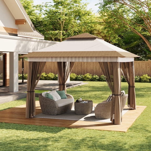 11x11ft Pop Up Outdoor Gazebo,Asofer Patio Canopy Tent with Mosquito Netting for Backyard Patio, Beige