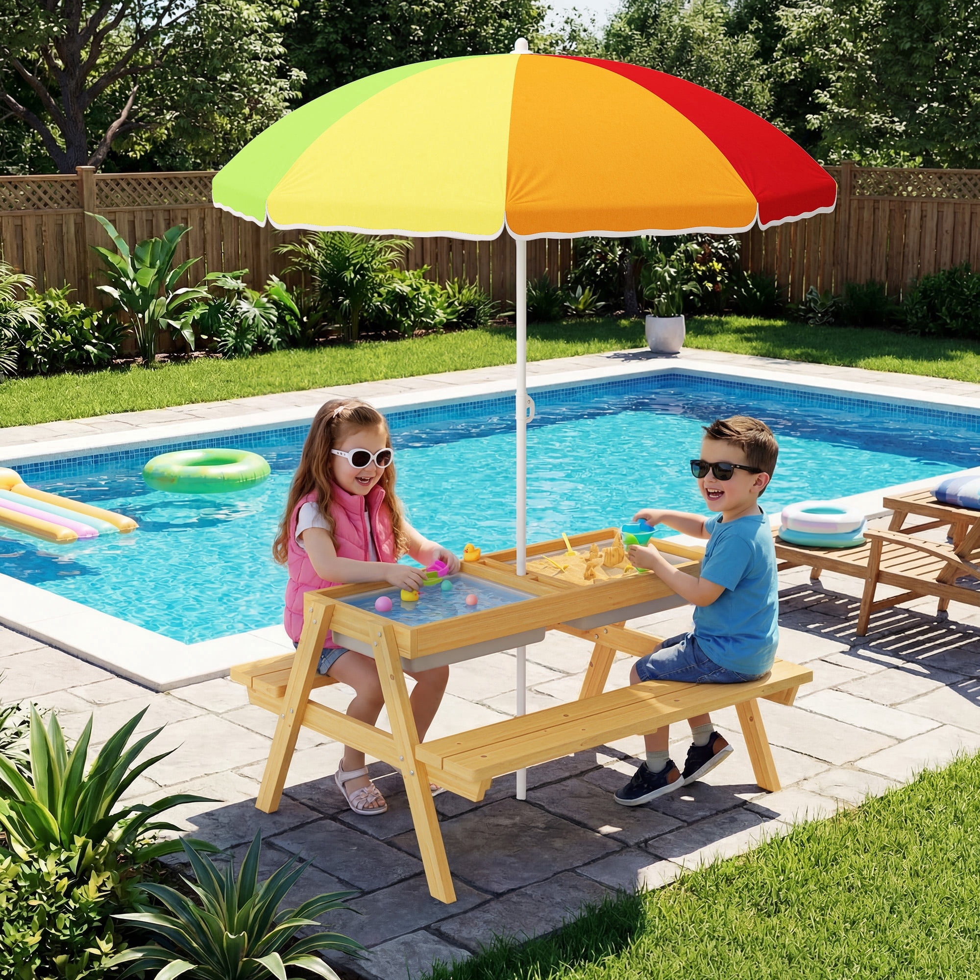 children's patio umbrella Kids Picnic Table with Stools and Foldable Adjustable for Bac Babyjoy Swing Sets Gorilla Playsets Wooden Children's Picnic