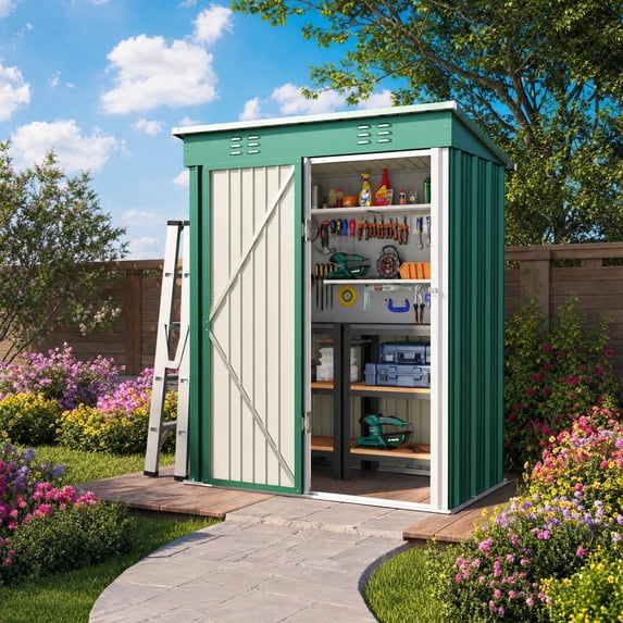 Asofer Outdoor Metal Storage Shed Galvanized Steel Tool House with Lockable Doors & Vents Waterproof for Backyard Garden Patio, Green
