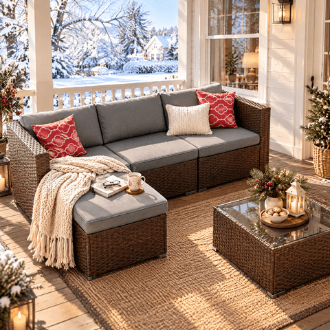 Asofer 5 PCS Outdoor Sectional Sofa Set PE Wicker Rattan Patio Furniture Set with a Glass Coffee Table for Backyard Porch Poolside Patio,Gray