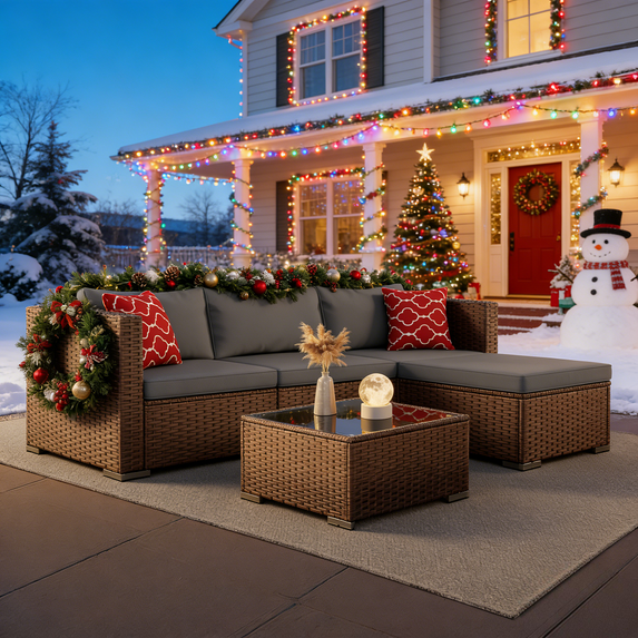 Asofer 5 PCS Outdoor Sectional Sofa Set PE Wicker Rattan Patio Furniture Set with a Glass Coffee Table for Backyard Porch Poolside Patio,Gray