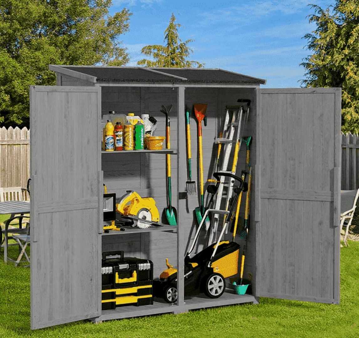 Asofer Outdoor Storage Cabinet with Floor, Waterproof Roof, Double Lockable Doors Garden Shed with 2 Removable Shelves, Gray
