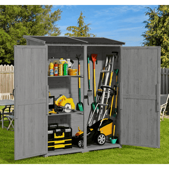 Asofer Outdoor Storage Cabinet with Floor, Waterproof Roof, Double Lockable Doors Garden Shed with 2 Removable Shelves, Gray