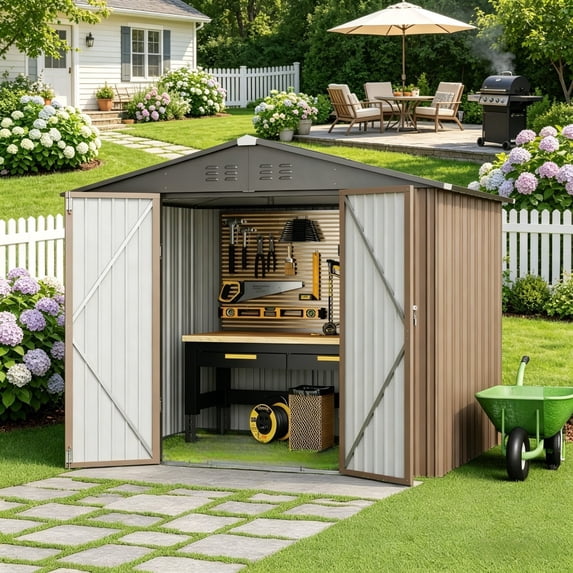 Asofer Outdoor Storage Shed 8 x 6 FT, Galvanized Metal Garden Shed with Double Lockable Doors for Backyard Patio Lawn-Brown