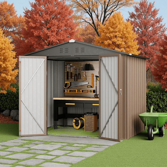 Asofer Outdoor Storage Shed 8 x 6 FT, Galvanized Metal Garden Shed with Double Lockable Doors for Backyard Patio Lawn-Brown